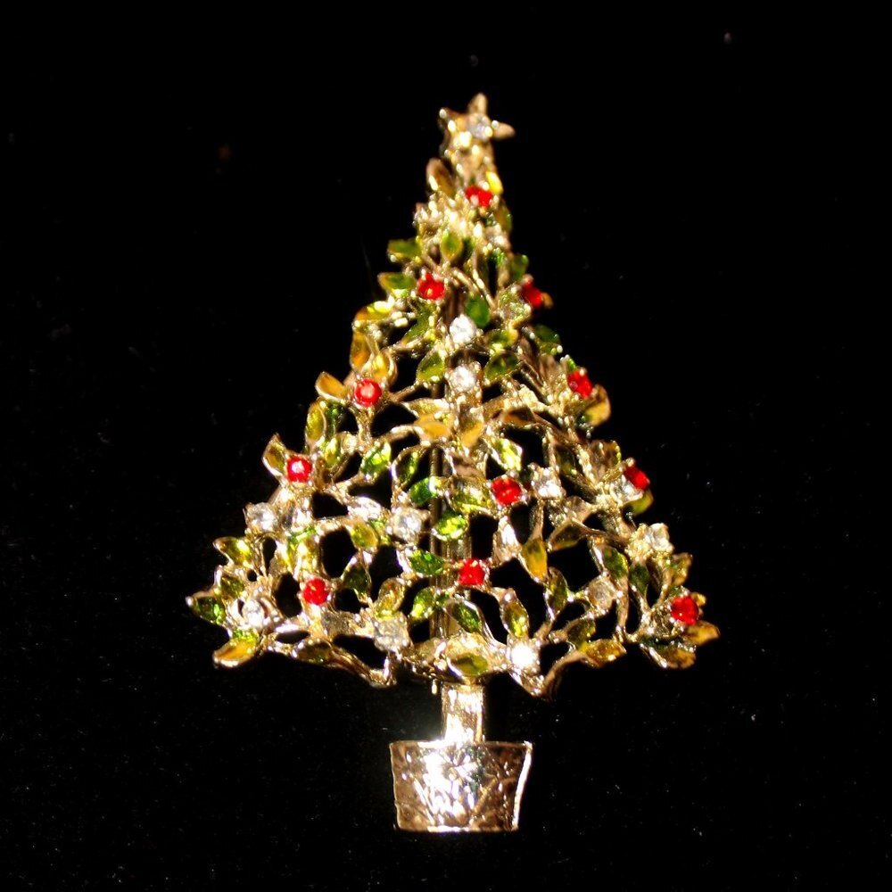 Vintage Gold Tone Christmas Tree with Red and Clear Rhinestones
